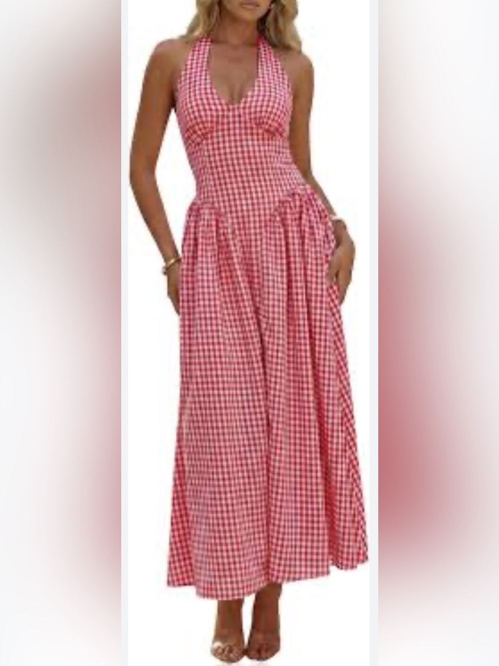 Red Gingham Halter Maxi Dress - Women